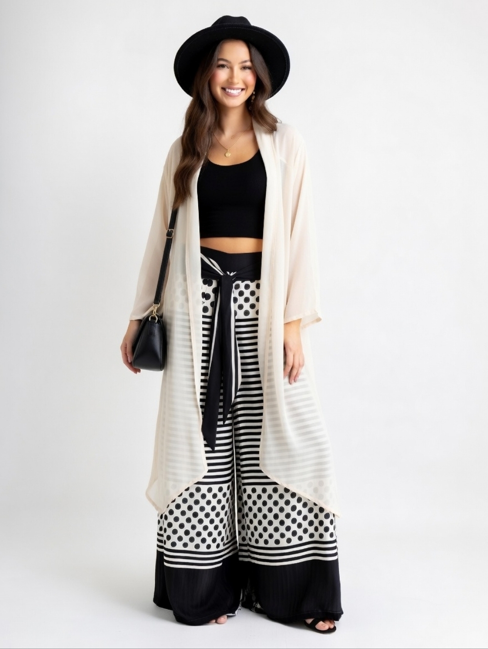 Polka Dot Black White Striped Palazzo Wide Pants Leg Eclectic Statement Piece - Picture 7 of 15